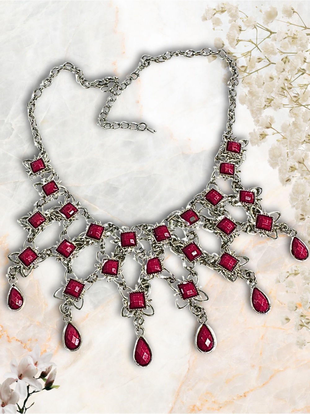 Statement Necklace Red Cobachon Stones Silver Bib Design Unique One of a Kind